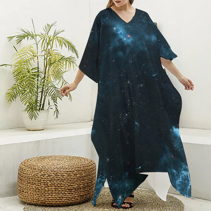 Deep Space Print Silk V-Neck Kaftan Dress
