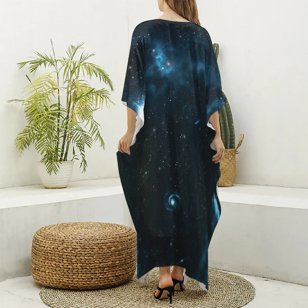 Deep Space Print Silk V-Neck Kaftan Dress