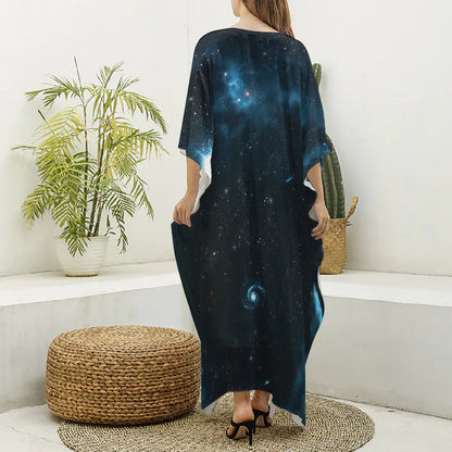 Deep Space Print Silk V-Neck Kaftan Dress