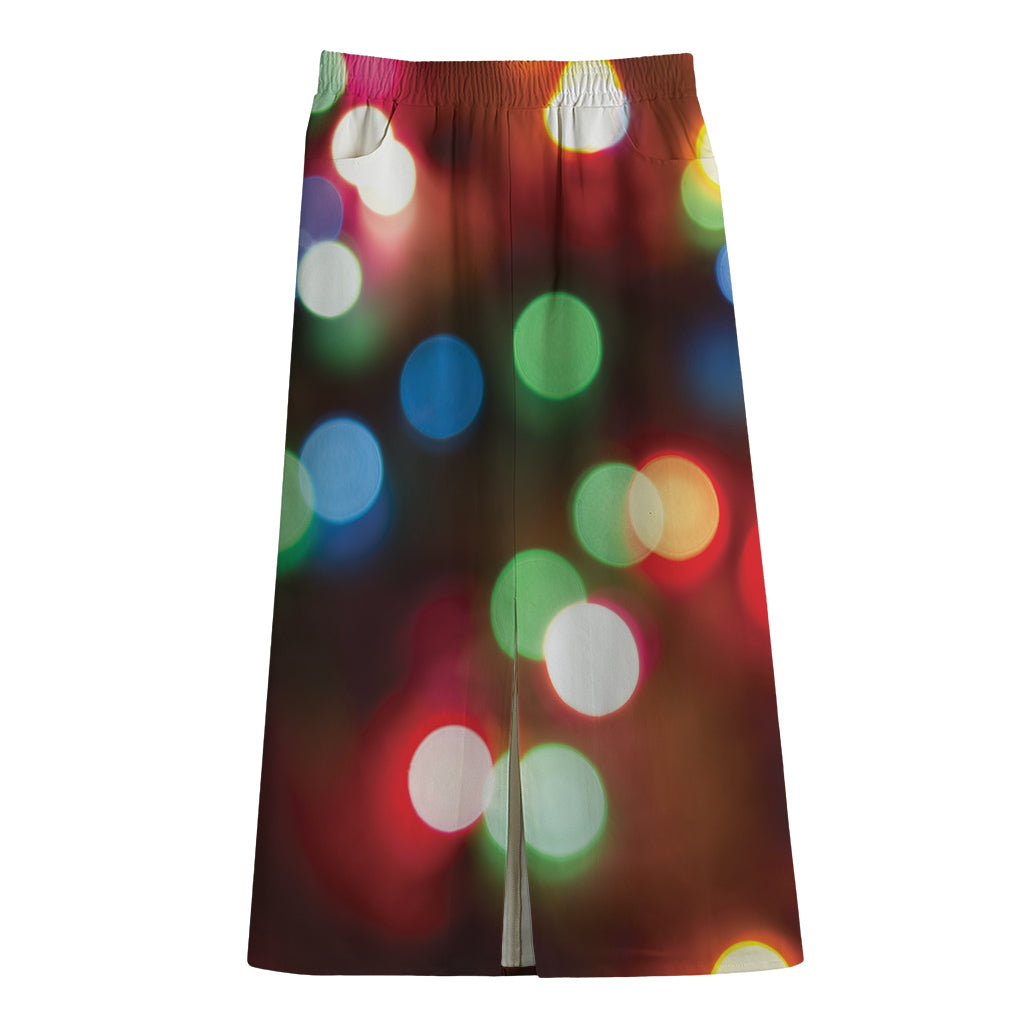 Defocused Christmas Lights Print Cotton Front Slit Maxi Skirt