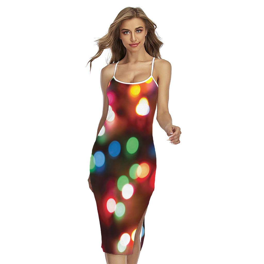 Defocused Christmas Lights Print Cross Back Cami Dress