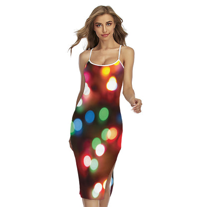 Defocused Christmas Lights Print Cross Back Cami Dress
