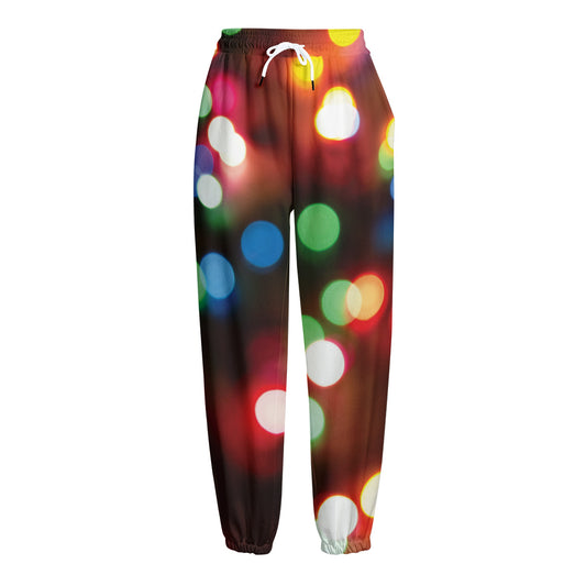 Defocused Christmas Lights Print Fleece Lined Knit Pants