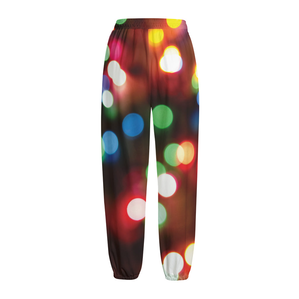 Defocused Christmas Lights Print Fleece Lined Knit Pants