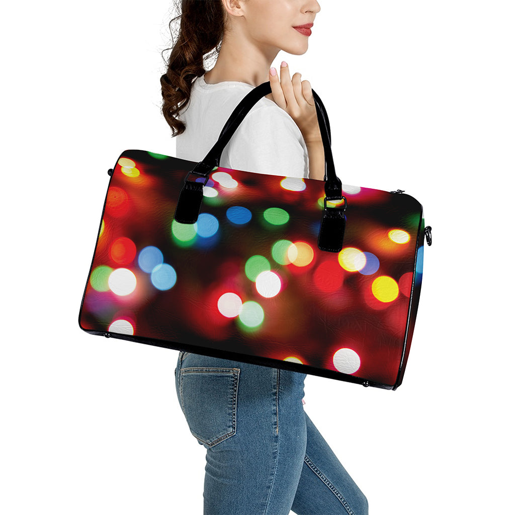 Defocused Christmas Lights Print Leather Duffle Bag