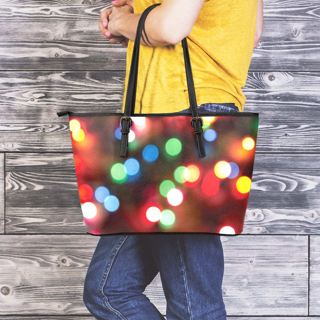 Defocused Christmas Lights Print Leather Tote Bag