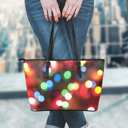 Defocused Christmas Lights Print Leather Tote Bag