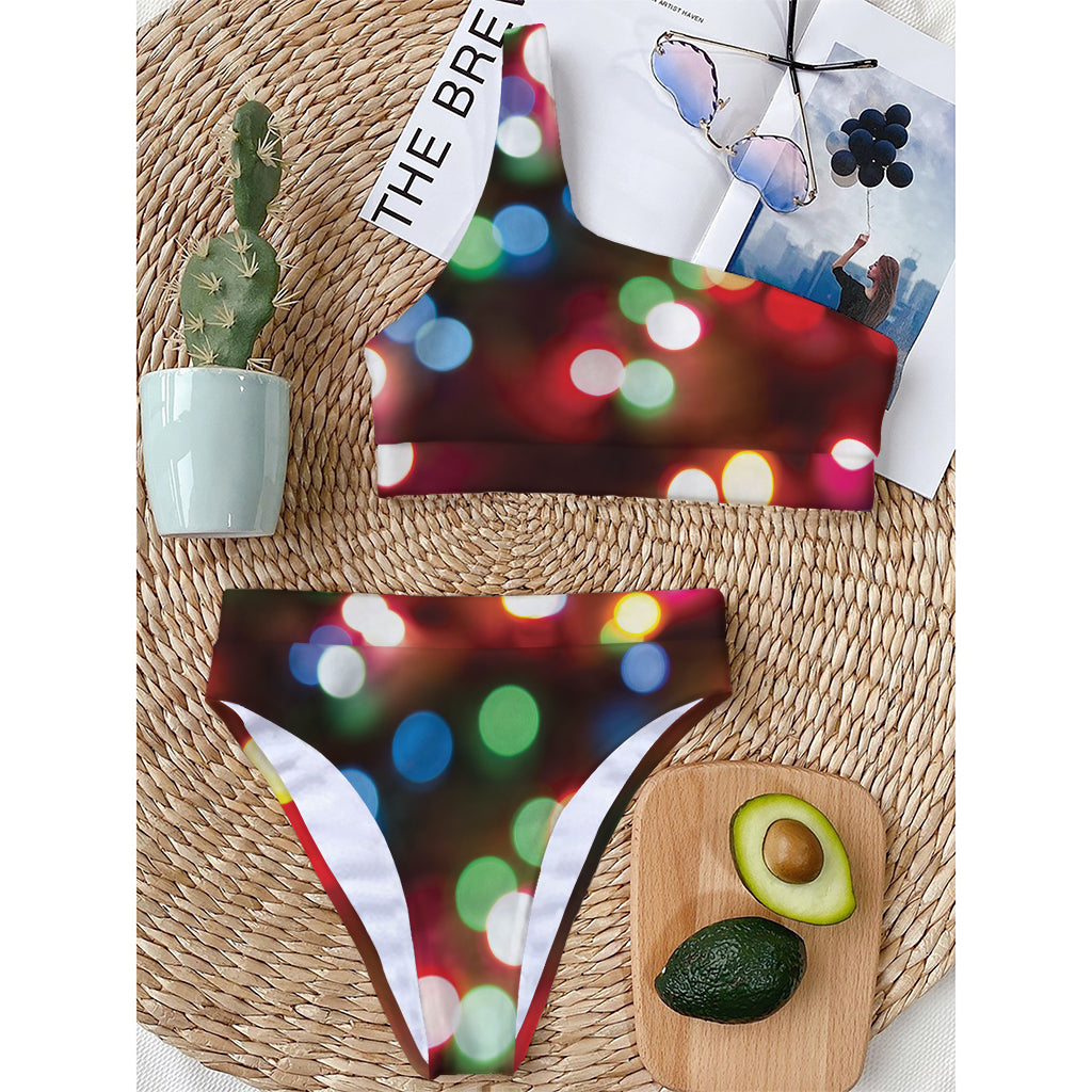 Defocused Christmas Lights Print One Shoulder Bikini Top