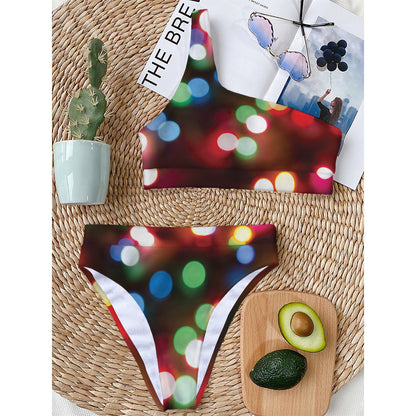Defocused Christmas Lights Print One Shoulder Bikini Top