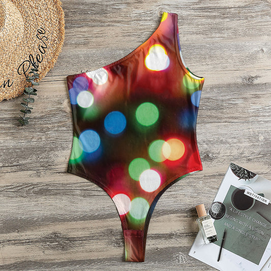 Defocused Christmas Lights Print One Shoulder Bodysuit