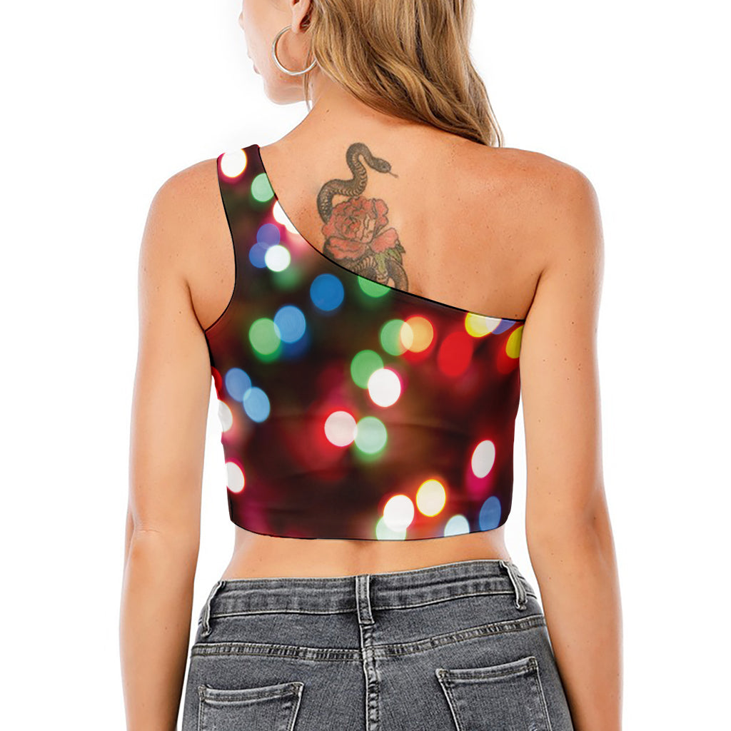 Defocused Christmas Lights Print One Shoulder Crop Top