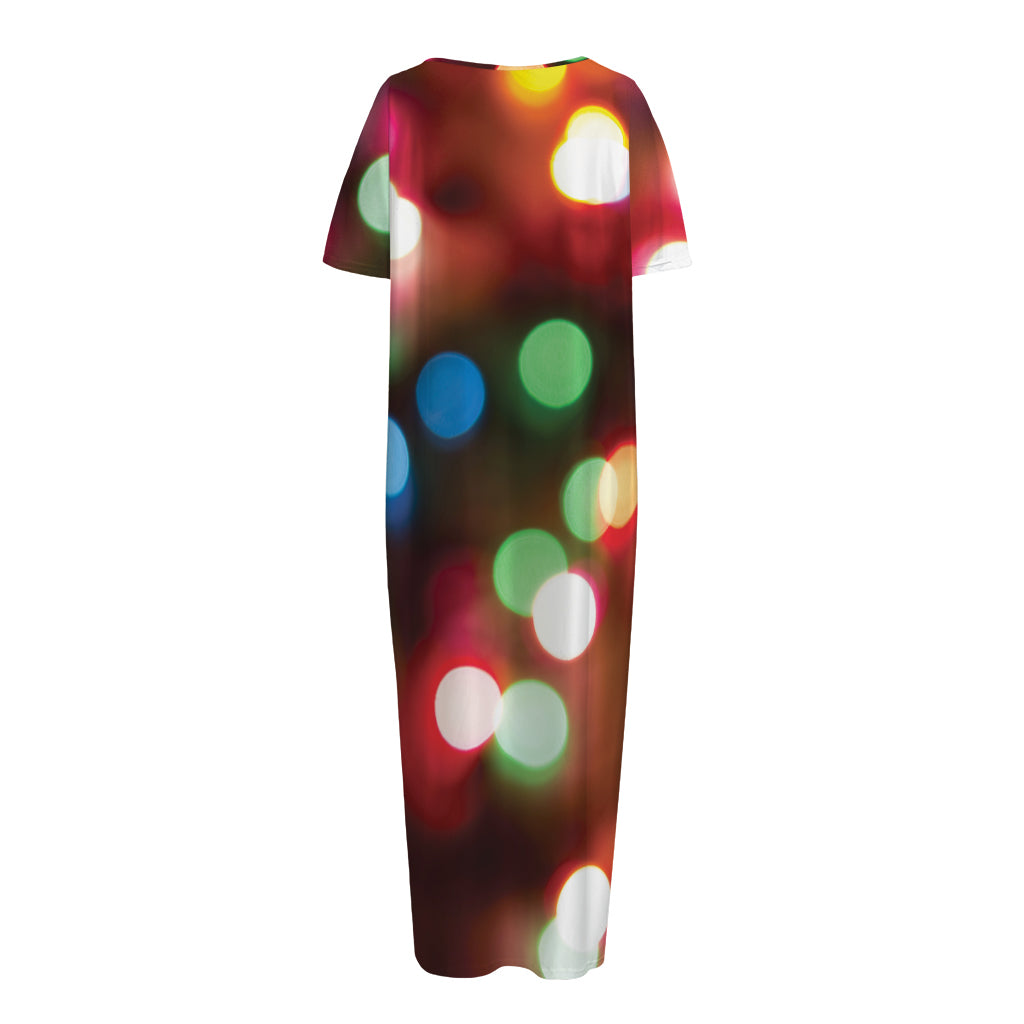 Defocused Christmas Lights Print Short Sleeve Long Nightdress