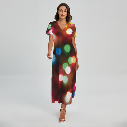 Defocused Christmas Lights Print Short Sleeve Maxi Dress