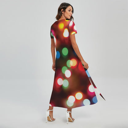 Defocused Christmas Lights Print Short Sleeve Maxi Dress