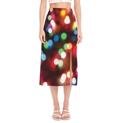 Defocused Christmas Lights Print Side Slit Midi Skirt