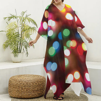 Defocused Christmas Lights Print Silk V-Neck Kaftan Dress