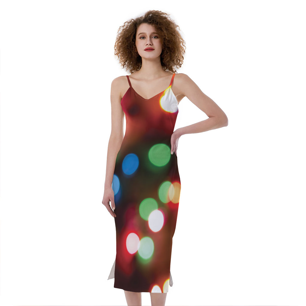 Defocused Christmas Lights Print Slim Fit Midi Cami Dress