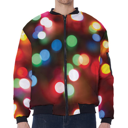 Defocused Christmas Lights Print Zip Sleeve Bomber Jacket