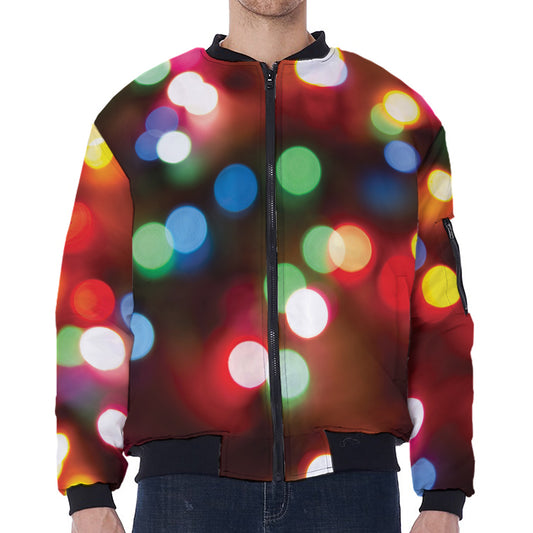 Defocused Christmas Lights Print Zip Sleeve Bomber Jacket