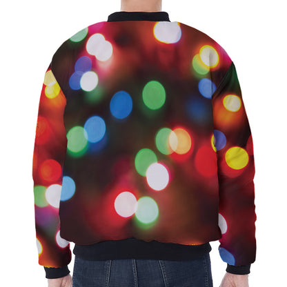 Defocused Christmas Lights Print Zip Sleeve Bomber Jacket