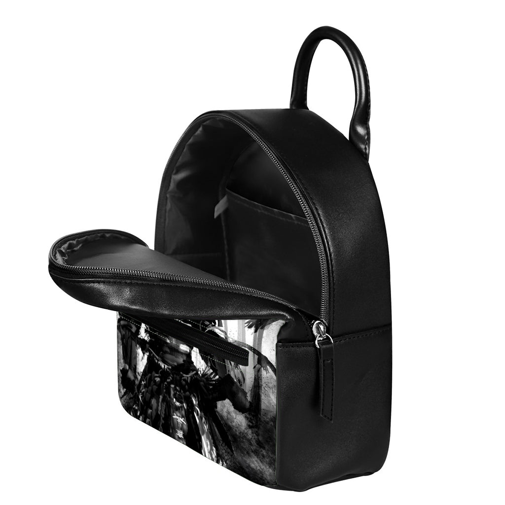 Demon Samurai Print Leather Backpack