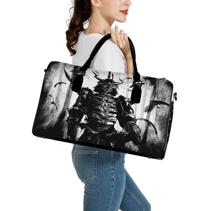 Demon Samurai Print Leather Duffle Bag