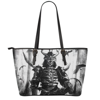 Demon Samurai Print Leather Tote Bag