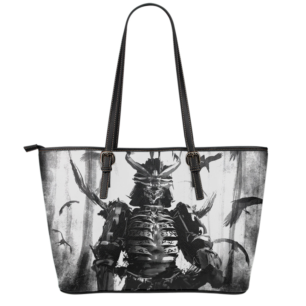 Demon Samurai Print Leather Tote Bag