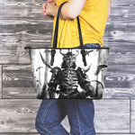 Demon Samurai Print Leather Tote Bag