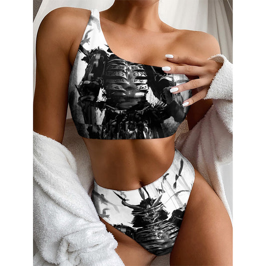 Demon Samurai Print One Shoulder Bikini Top