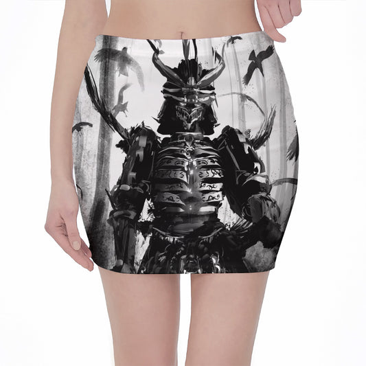 Demon Samurai Print Pencil Mini Skirt