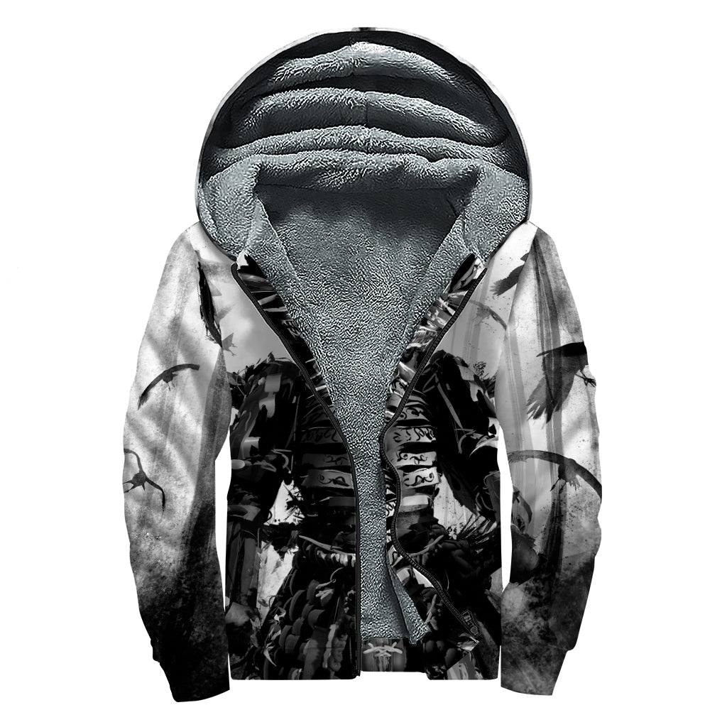 Demon Samurai Print Sherpa Lined Zip Up Hoodie