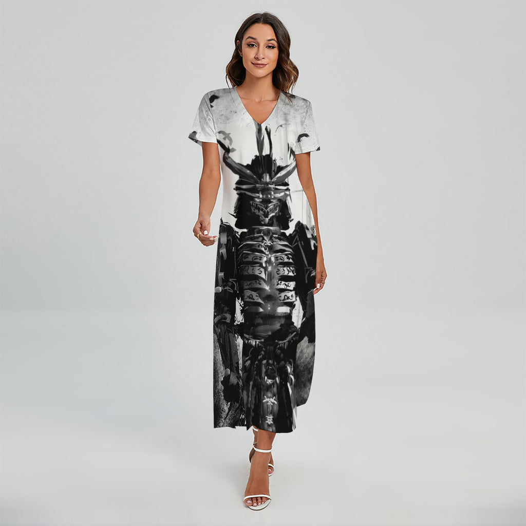Demon Samurai Print Short Sleeve Maxi Dress