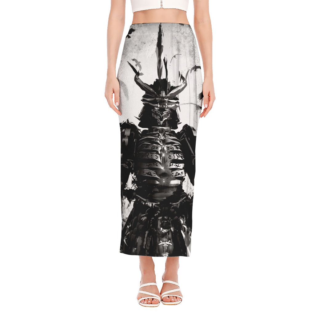 Demon Samurai Print Side Slit Maxi Skirt