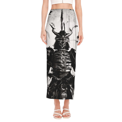 Demon Samurai Print Side Slit Maxi Skirt