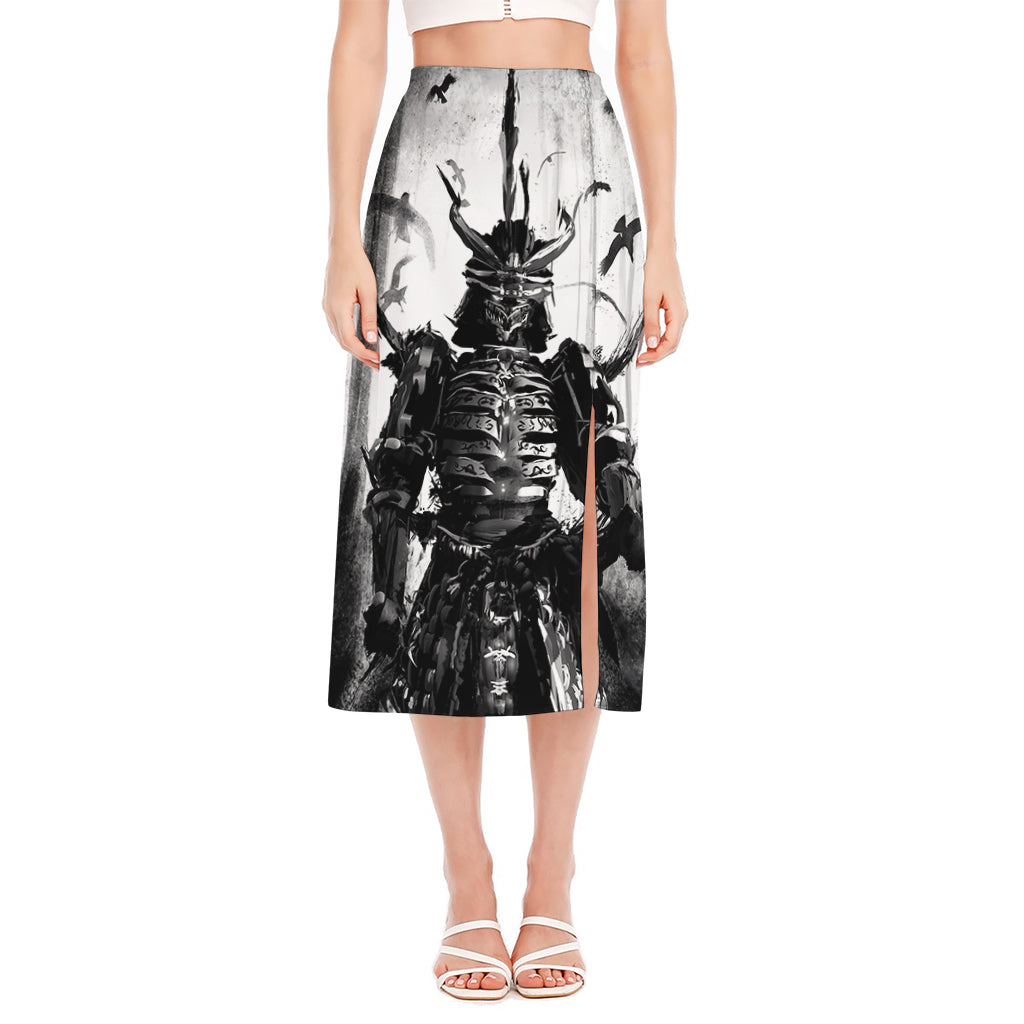 Demon Samurai Print Side Slit Midi Skirt