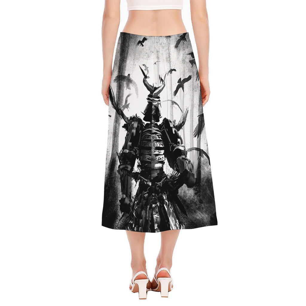 Demon Samurai Print Side Slit Midi Skirt
