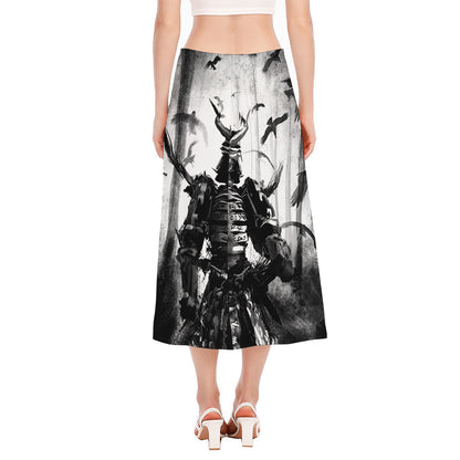Demon Samurai Print Side Slit Midi Skirt