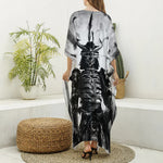 Demon Samurai Print Silk V-Neck Kaftan Dress