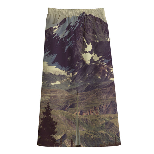 Denali Mountain Print Cotton Front Slit Maxi Skirt