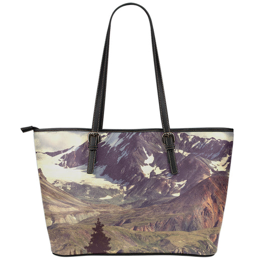 Denali Mountain Print Leather Tote Bag