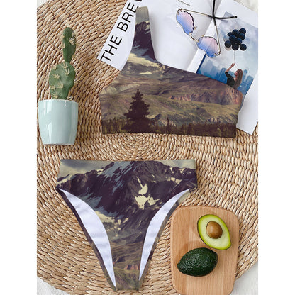 Denali Mountain Print One Shoulder Bikini Top