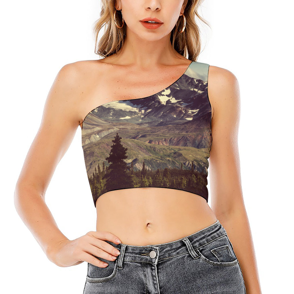 Denali Mountain Print One Shoulder Crop Top