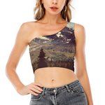 Denali Mountain Print One Shoulder Crop Top
