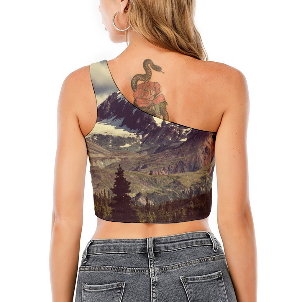 Denali Mountain Print One Shoulder Crop Top