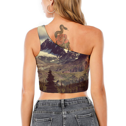 Denali Mountain Print One Shoulder Crop Top