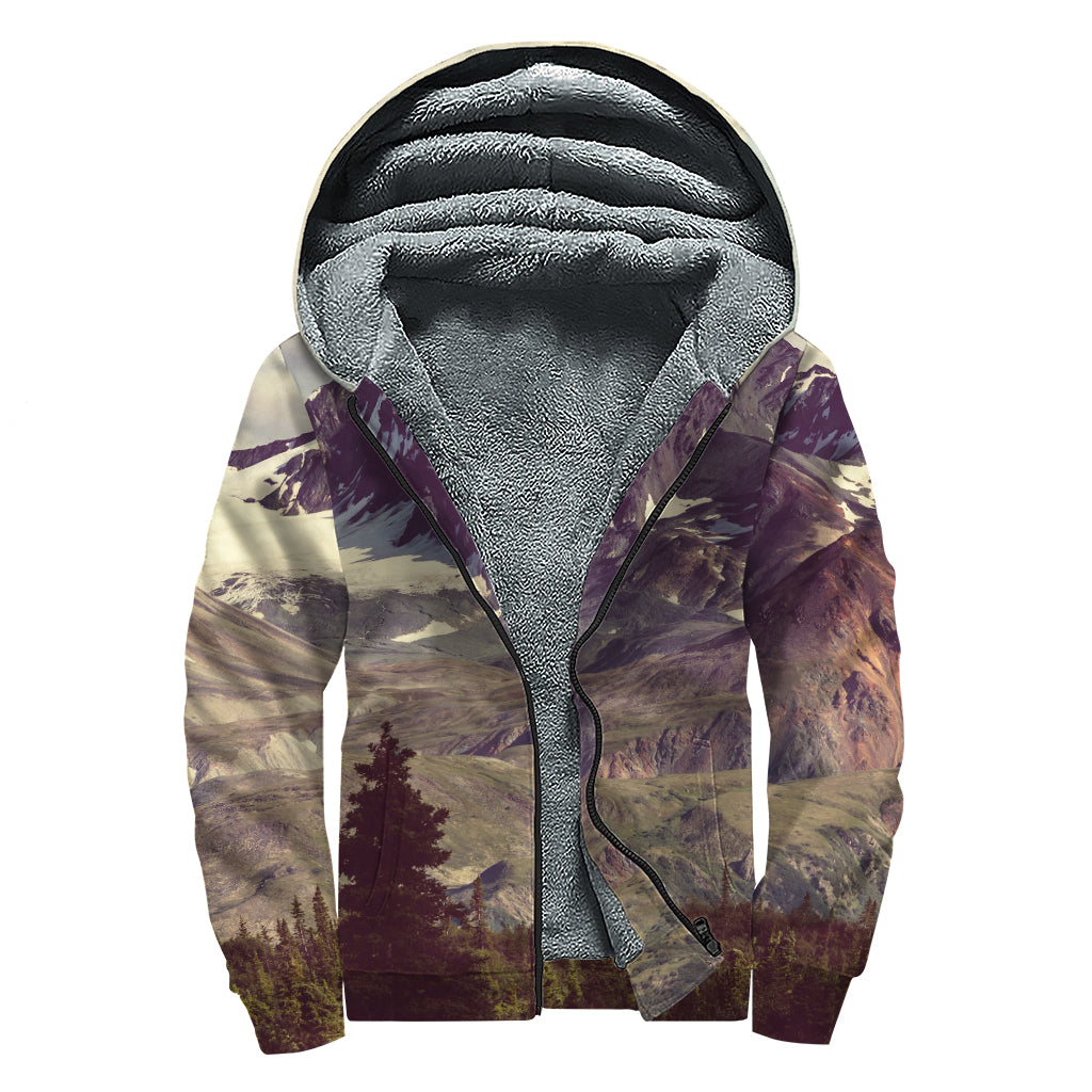Denali Mountain Print Sherpa Lined Zip Up Hoodie
