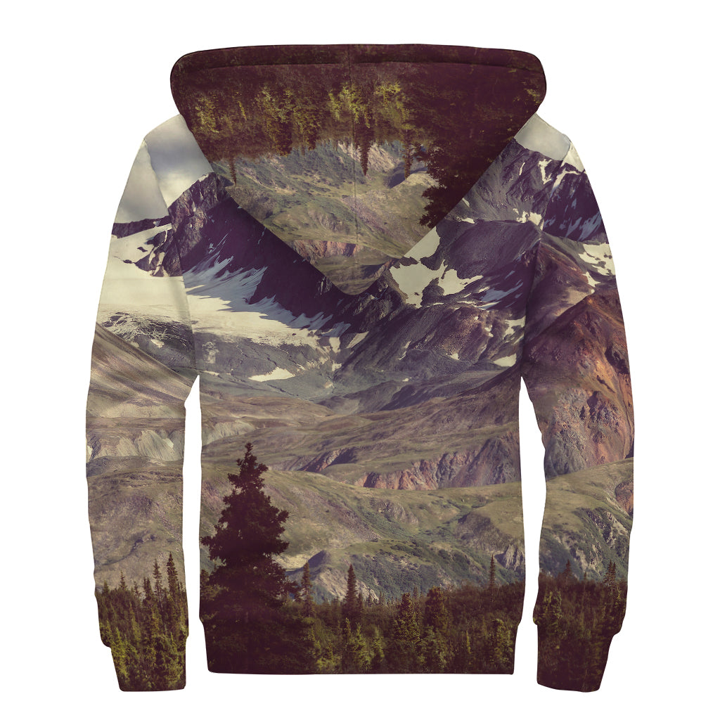 Denali Mountain Print Sherpa Lined Zip Up Hoodie