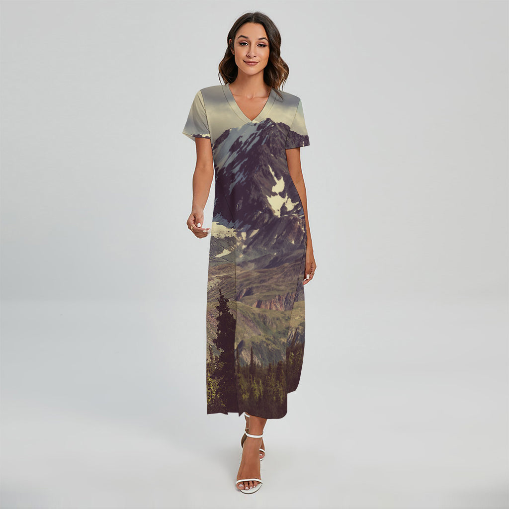 Denali Mountain Print Short Sleeve Maxi Dress
