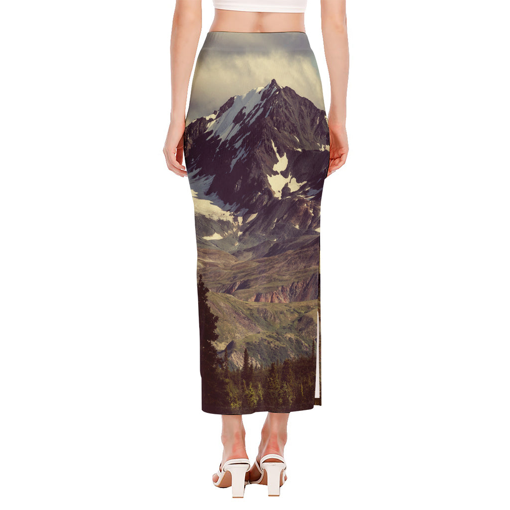 Denali Mountain Print Side Slit Maxi Skirt